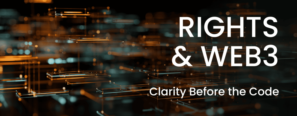 Banner illustrating the Web3 music legal framework connecting law, code, and creativity through NFTs and smart contracts.